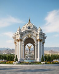 Obraz premium Ornate monument pavilion with golden domed roof, angel statue, landscaped garden, classical ornamental architecture harmony flat vector illustration