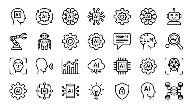 AI Revolution Outline Icon Set with Artificial Intelligence Machine Learning Automation and Robotics Vector