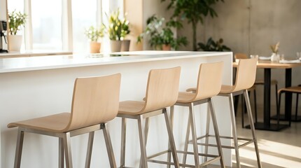 Fototapeta premium Modern bar stools with wooden seats line a minimalist kitchen counter near bright windows, featuring contemporary Scandinavian design for residential or commercial interior spaces.