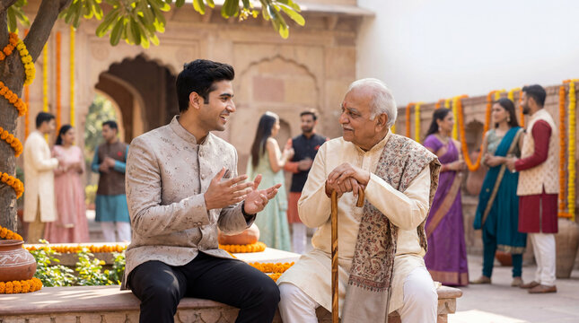 Multi-generational Indian family bonding and sharing stories outdoors
