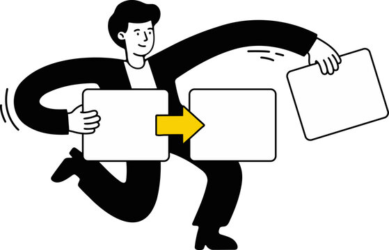 Business process flow concept illustration of a person holding rectangular panels with yellow arrow showing transition or workflow, vector graphic for communication, teamwork, project and task