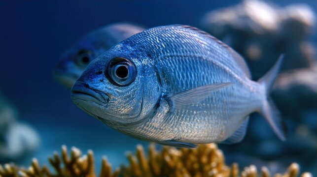 Blue and silver fish swimming near a coral reef