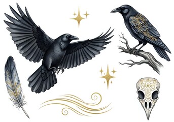 Naklejka premium Black crow in flight with spread wings and perched raven with gold accents, isolated skull and feathers on white background for design, clipart, and decorative projects.