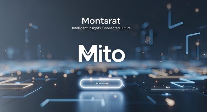 A futuristic digital interface with the text "Montsrotat" and "Mito" in the foreground, surrounded by abstract geometric shapes and glowing lines on a dark blue background.