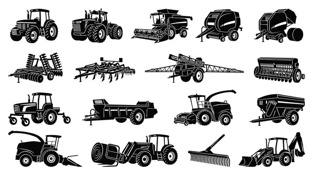 Black and White Line Art of Agricultural Farm Machinery and Tractors