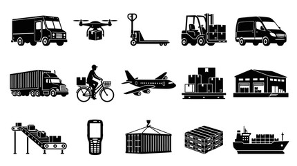 Obraz premium Black White Glyph Logistics and Delivery Icons Set: Transportation, Shipping, Warehouse, Freight Industry Symbols
