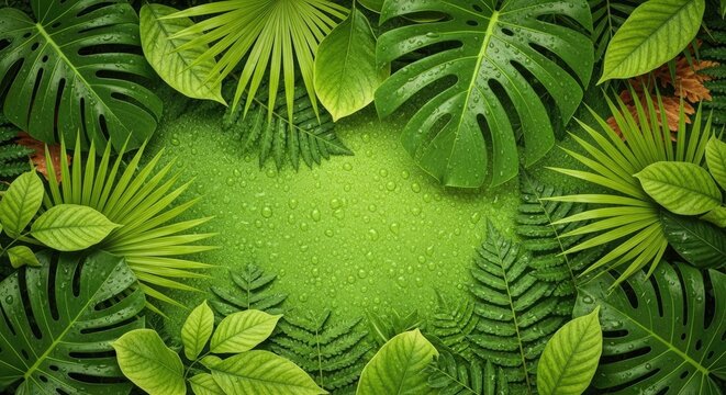 A vibrant green tropical leaf arrangement with water droplets on a green background, featuring various .