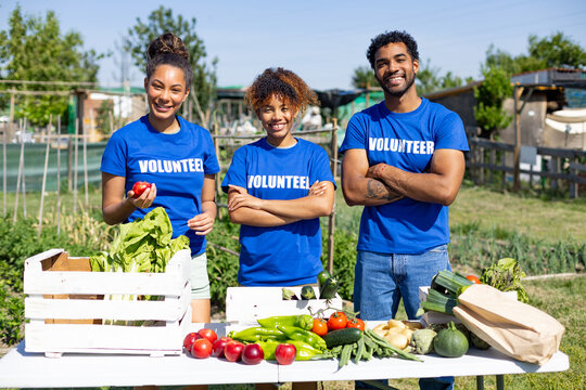 People volunteering together selling fresh local produce