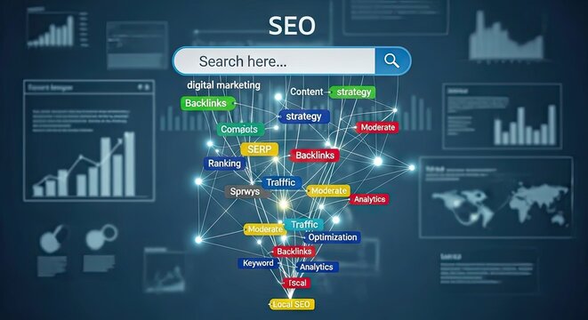 A digital search interface with SEO-related keywords and icons, set against a dark blue background with various charts and graphs.