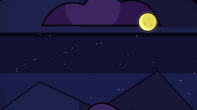 Animated night landscape with moon and stars in minimalist style