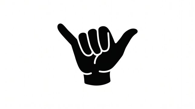   
Black silhouette of hand making shaka gesture with thumb and pinky extended, symbolizing friendliness, goodwill, and relaxed attitude in Hawaiian and surfing culture.