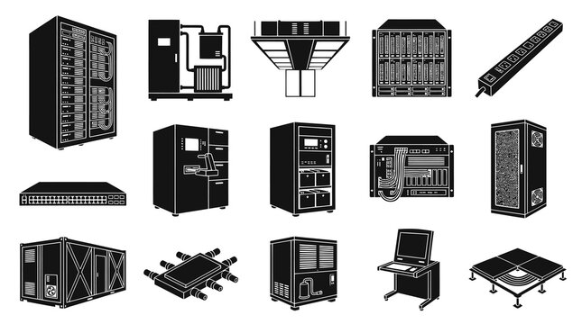 Data Center IT Infrastructure Glyph Icons Set. Server Racks, Networking, Cooling, PDU, and UPS Equipment Silhouettes.