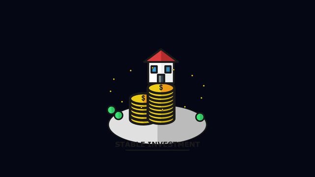 Flat animation of a house resting on stacks of golden dollar coins