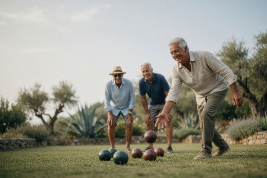 Senior man lawn game active retirement outdoor leisure smiling friend summer garden casual clothing green grass bocce ball teamwork happiness Active senior fitness concept