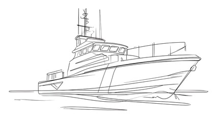 Obraz premium Line drawing of a fishing boat white background.