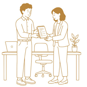 Supportive coworkers sharing written instructions for workplace accessibility minimalist vector illustration
