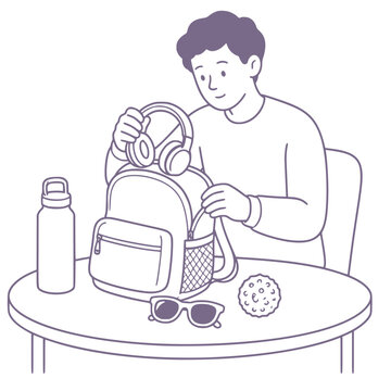 Adult preparing sensory toolkit for autism and ADHD support black and white minimalist vector illustration