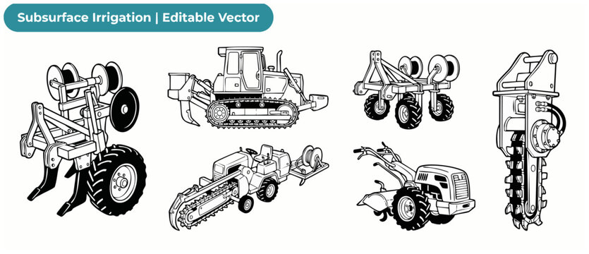 Subsurface irrigation machinery vector set of agricultural equipment, trenchers, plows, and tractors for farming, piping, and modern irrigation design, isolated line art illustrations.