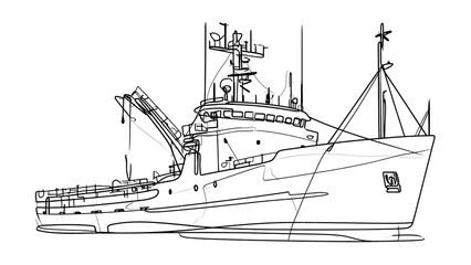 Obraz premium Line drawing of a fishing ship white background.