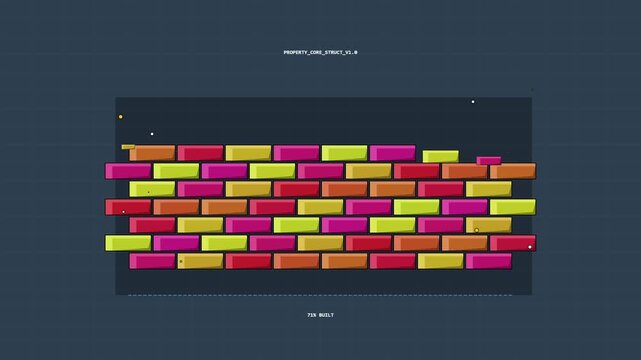 Animated construction of a colorful digital brick wall with progress bar