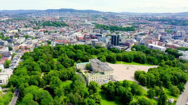 Oslo, Norway. Royal Palace. Slottsplassen. Palace park. Drone footage, Point of interest