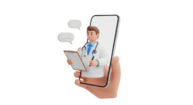 3D Illustration of Online Medical Consultation with Doctor Character on Smartphone Screen for Telemedicine Concept