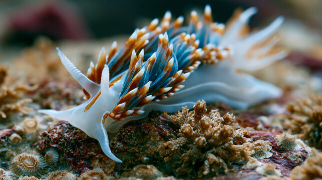 Chromodoris nudibranch cerata spines rising from mantle surface on encrusted subtidal rock, rhinophore sensory organ extended, gill plume unfurled, bryozoan encrustation providing textured foregroun