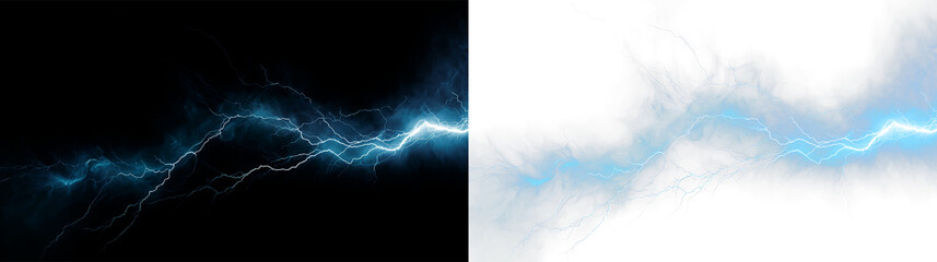 Fototapeta premium Electric blue lightning bolts with soft clouds on transparent background creating a dynamic scene for designs and graphics