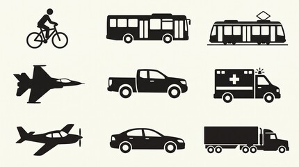 Fototapeta premium Nine black silhouette icons in 3x3 grid showing bicycle, bus, tram, jet fighter, pickup truck, ambulance, airplane, car, and semi-truck, symbolizing varied transport modes.