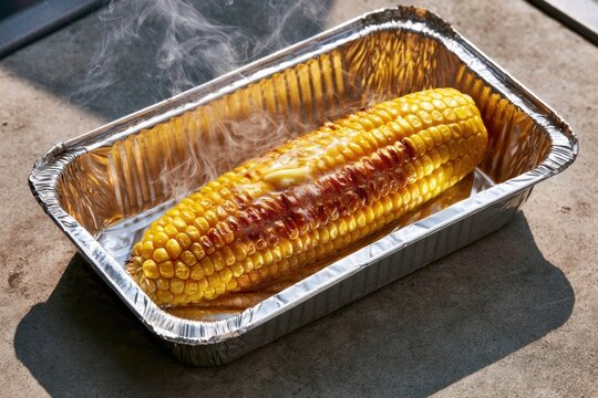 Grilled ear of corn with melted butter in a foil container