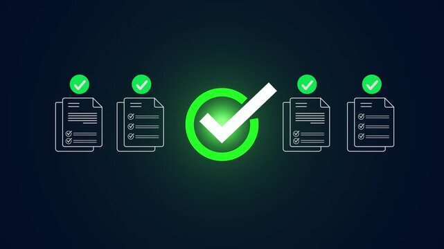 Digital checklist and approval workflow showing business document validation and task tracking system for decision making, process optimization, Motion graphics of check mark concept