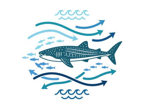 Whale shark swimming with small fish among stylized ocean currents