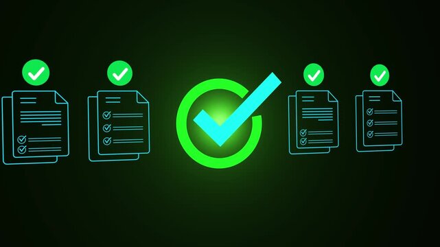 Digital checklist and approval workflow showing business document validation and task tracking system for decision making, process optimization, Motion graphics of check mark concept