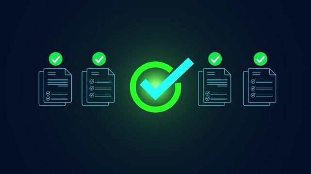Digital checklist and approval workflow showing business document validation and task tracking system for decision making, process optimization, Motion graphics of check mark concept