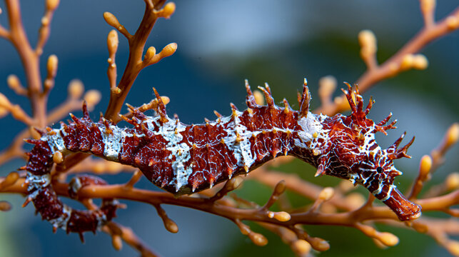 Hippocampus guttulatus camouflage pattern pressed against sargassum frond, dermal spine array mimicking algae filament texture, bony plate segmentation visible across body, tail coil anchoring to ho