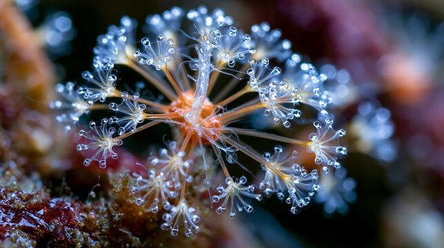 Hydroid colony Obelia sp polyp cup arrangement on encrusting substrate, hydrotheca protective cup surrounding feeding polyp, blastostyle reproductive polyp releasing medusae, colonial cnidarian arch