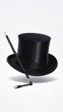 Classic black top hat and magic wand on a clean background