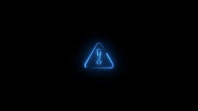 Exclamation mark warning sign glowing in bright blue neon light representing danger caution risk alert and security notice concept