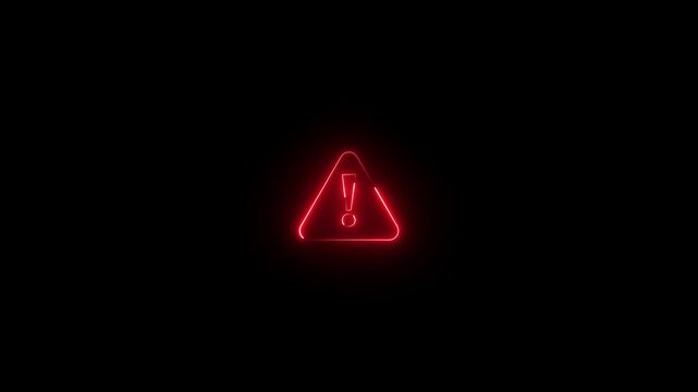 Exclamation mark warning sign glowing in bright red neon light representing danger caution risk alert and security notice concept