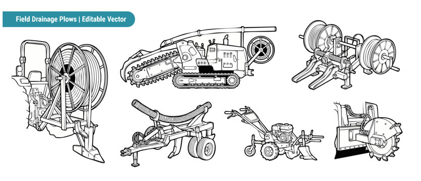 Field drainage plow vector set of agricultural trenching machinery, tiling plows, and pipe laying farm equipment icons isolated on white background for irrigation technical schematics and design.