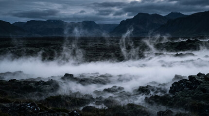 Obraz premium Mist rising from dark volcanic landscape.
