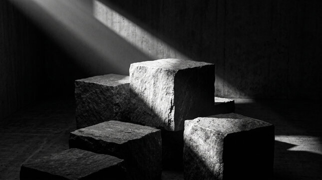 Minimalist stone cubes arranged under high contrast spotlight.