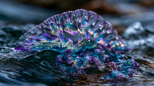 Portuguese man-of-war Physalia physalis pneumatophore float resting at ocean surface, gas gland iridescence across translucent bladder, dactylozooid tentacle coiling below in current, colonial sipho