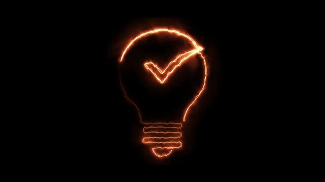 Light bulb check mark neon orange energy glowing effect icon 4k animation loop video