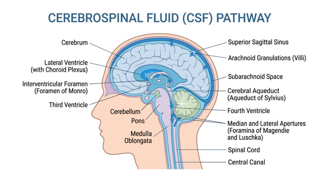 Detailed anatomical illustration of a human brain and spinal cord highlighting the cerebrospinal fluid pathway against a clean white background with educational labels.