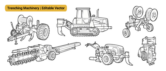 Obraz premium Trenching machinery vector line art set of heavy construction equipment for excavation, cable laying, pipe installation, and trenching plow isolated on white background.