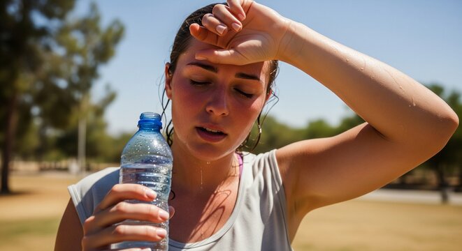 Woman drinking water outdoors feeling overheated on hot summer day with bright sunlight and natural greenery