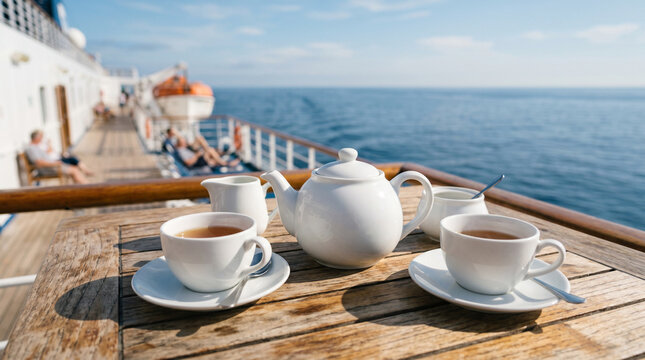 White teapot and cups on wooden table of cruise ship balcony overlooking ocean.