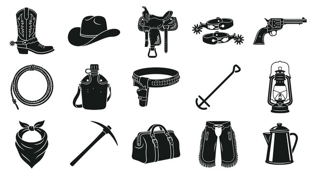 Wild West Cowboy Ranch Icons Set Black and White Glyph. Western Adventure Equipment and Clothing Collection.