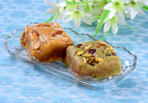 Pista Halva and Badam Halva, healthy and delicious dessert. Prepared by Desi Ghee, Dry Fruit, Milk and Sugar.